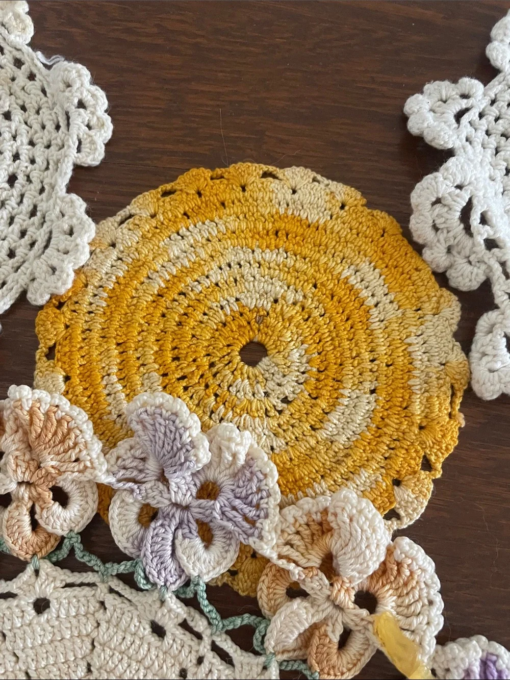 Handmade Crochet Doily & Table Accent Set in Cream, Yellow, Pastel Multicolor